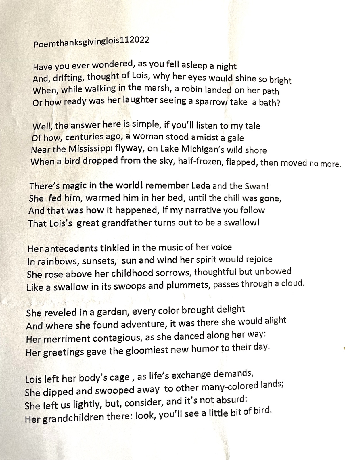 Ellen Taylor poem for Lois